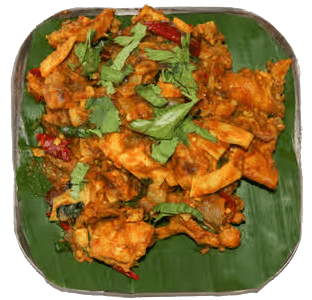 Pallipalayam Chicken served in Banana Leaf at Kuppanna Indian Restaurant