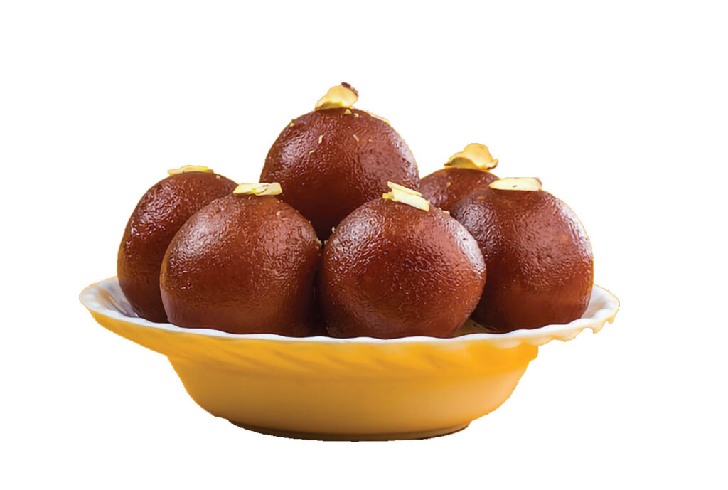 A bowl of Gulab Jamun on a white bowl, tempting and delicious treat.