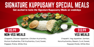 The best Indian Restaurant in Texas serves the Signature Kuppusamy Meals