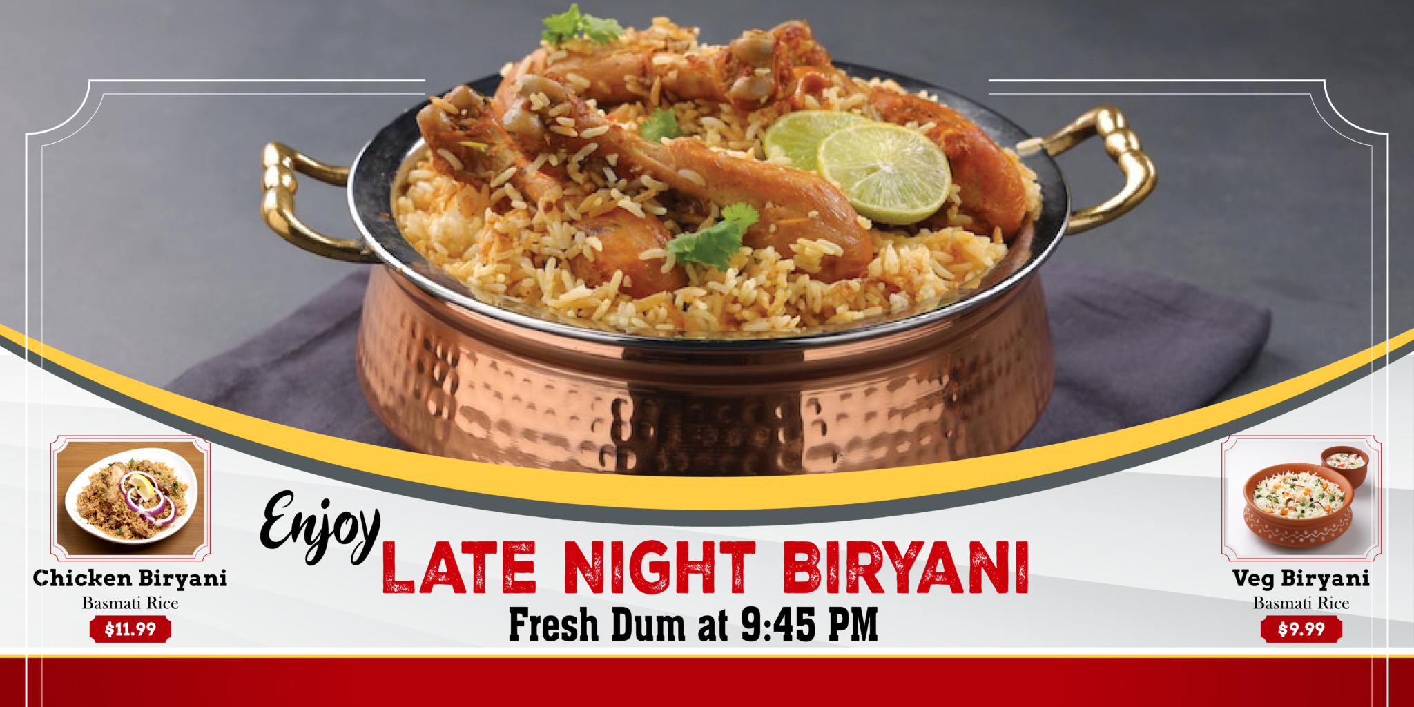 Late Night Biryani served in copper vessel