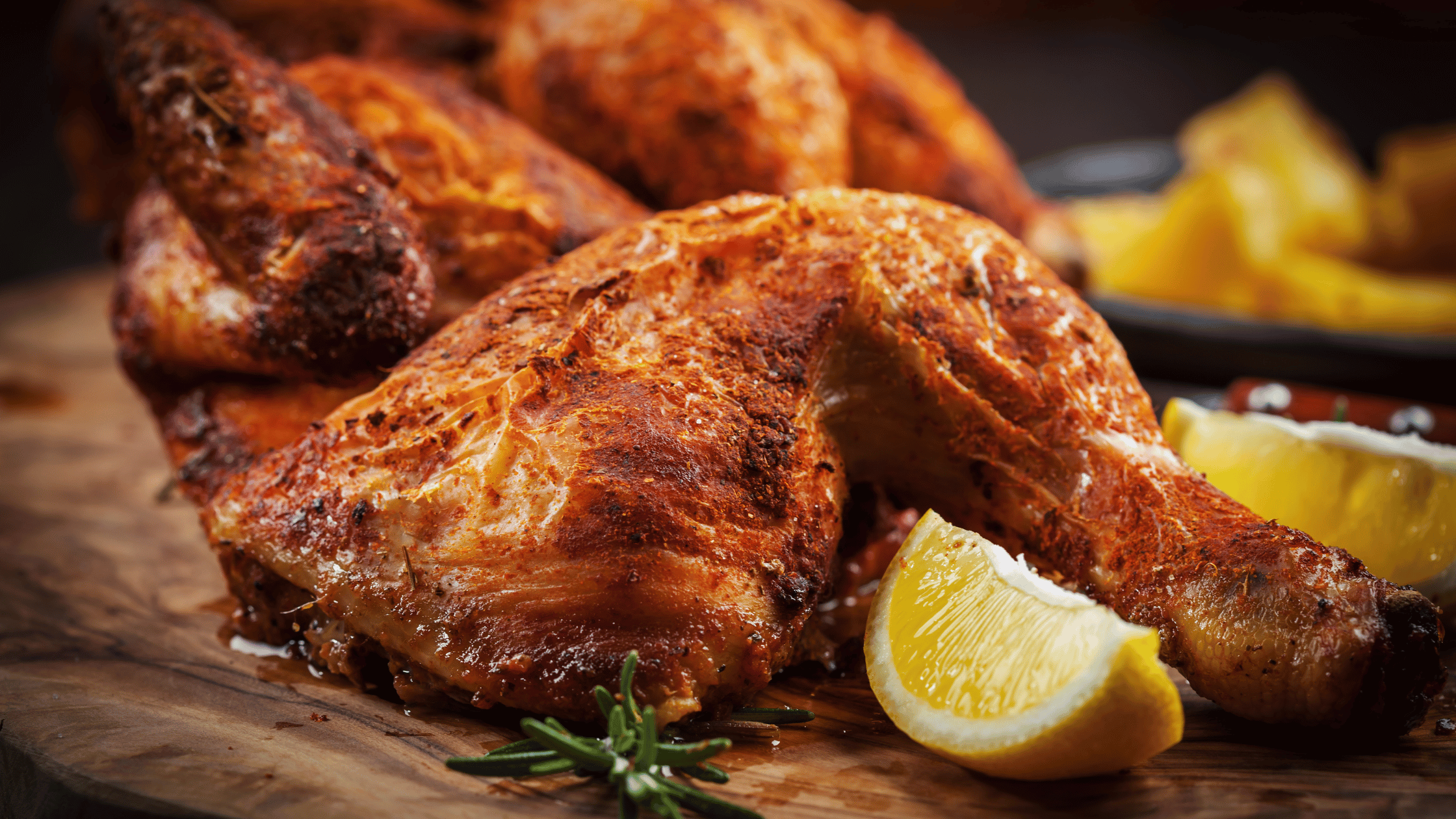 Grilled chicken placed on the wooden plate with a slice of Lemon