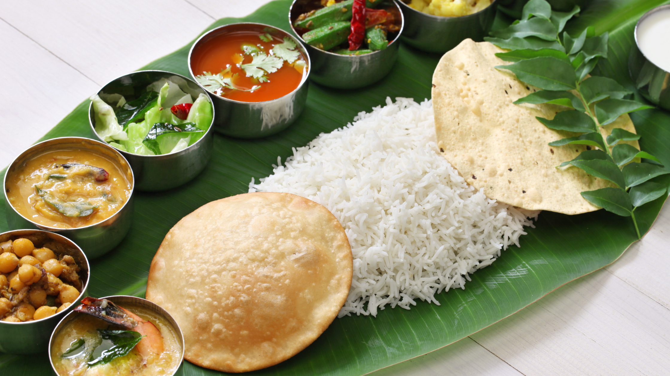 South Indian meals served in the banana leaf.