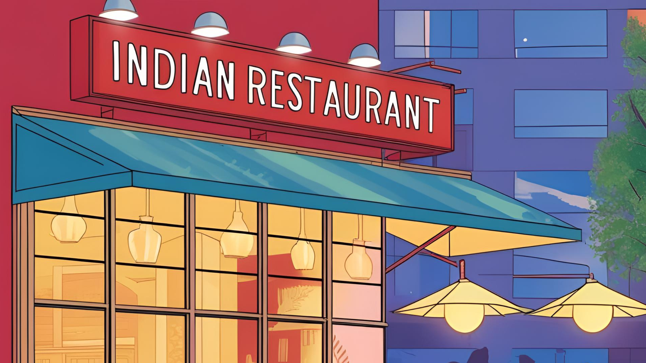 Vibrant illustration of an Indian restaurant exterior with a bright red sign, large glass windows, and hanging lights, evoking a warm and inviting atmosphere.