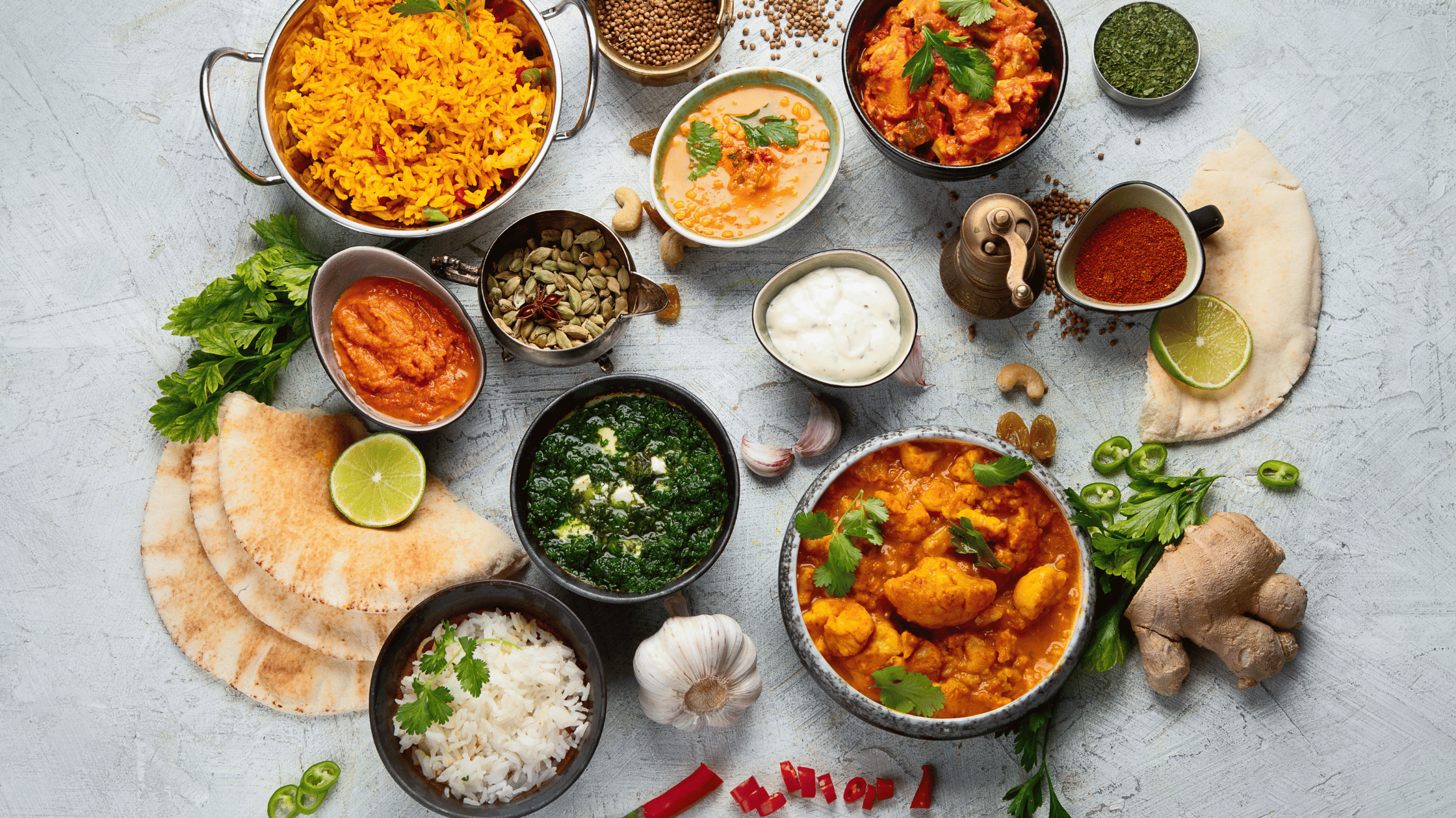 Authentic Indian cuisine spread with rice, naan, paneer, curries, chutneys, and spices – showcasing flavorful Indian food available in the USA
