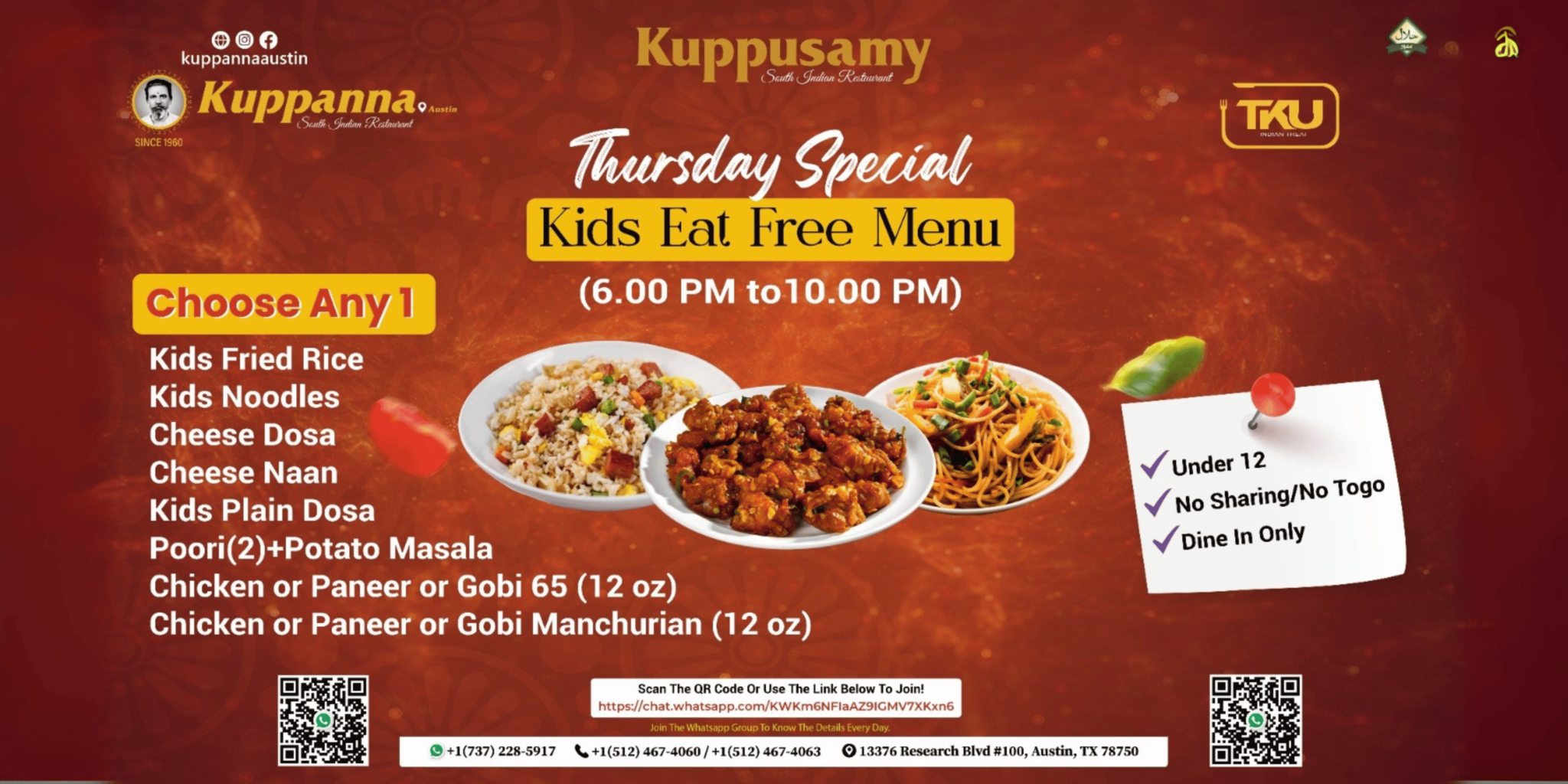 Kuppanna Austin Thursday Special Kids Eat Free Menu – South Indian restaurant offer with free kids meal choices like dosa, noodles, fried rice, and manchurian, valid 6 PM to 10 PM for dine-in only